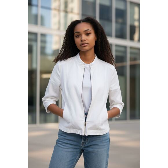 XCVI White Jacket Full Zip Utility belted pockets safari lagenlook mesh back M - Picture 1 of 11
